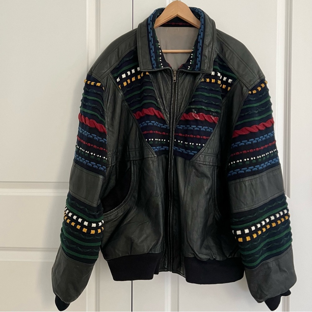 New Fast Vintage Pig Skin Leather and Multicoloured Knit Jacket